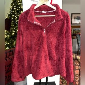 Super soft women’s red cozy fuzzy fleece quarter zip sweater